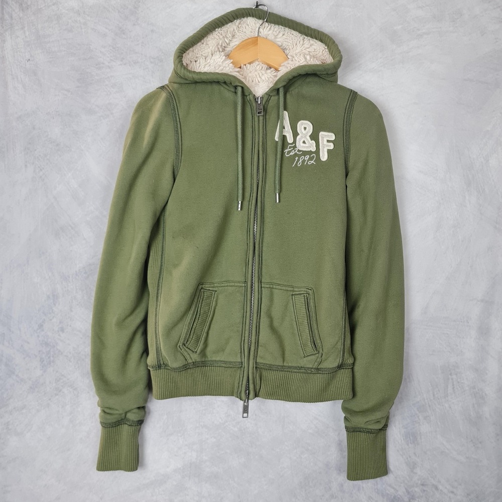 Abercrombie & Fitch Wolf Jaw Hoodie Womens Medium Green Fleece Sherpa Fitted Y2K